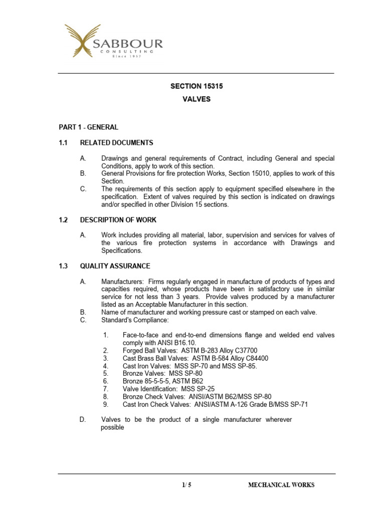 Part 1 general 1 1 related documents section 15315 valves pdf