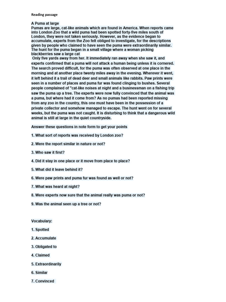 Puma Sighting Near London Zoo | PDF | Mystery, Thriller & Crime Fiction ...