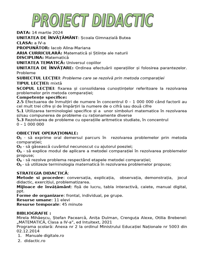 Proiect - Matematica - M Comparației | PDF