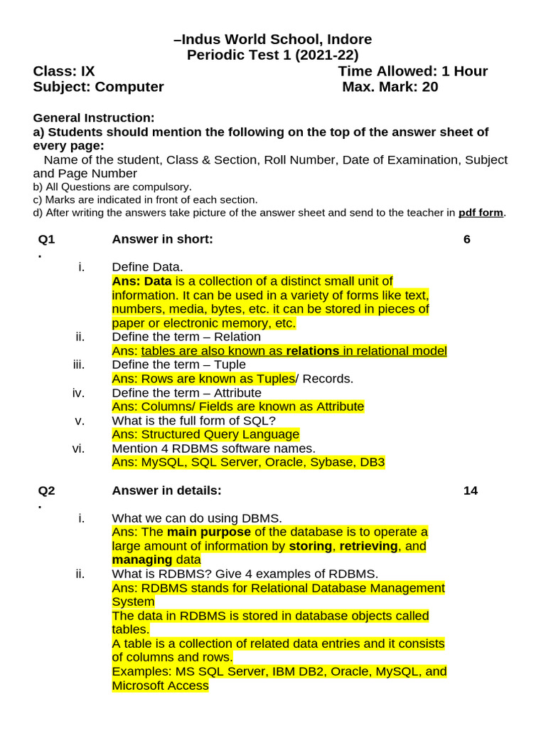 Class IX Computer Test 2021-22 Indore | PDF | Art | Computers