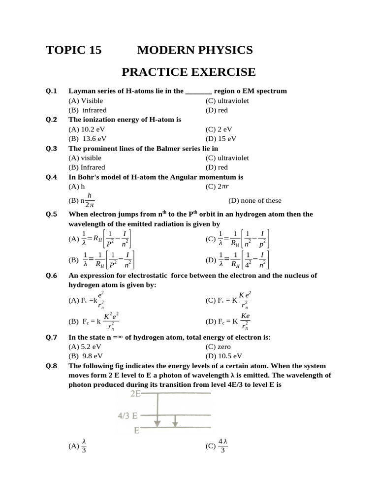 Modern Physics Practice Questions | PDF | Photoelectric Effect | Electron