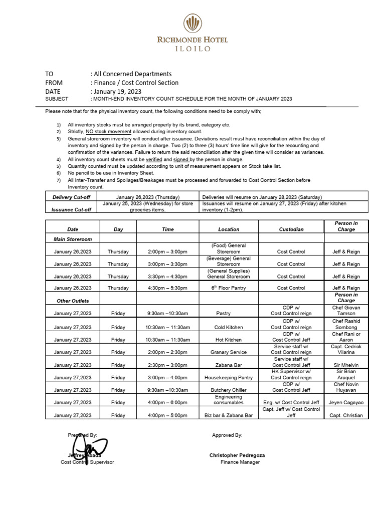January 2023 Inventory Count Schedule | PDF | Inventory