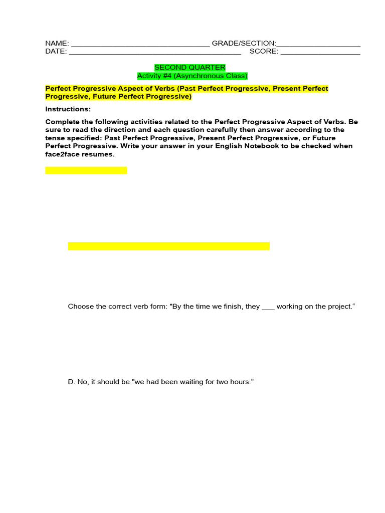 Q2 Activity 4 Perfect Progressive Tenses | PDF | Perfect (Grammar ...