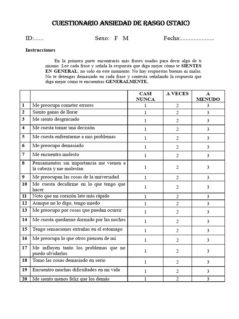 Cuestionario de Ansiedad Estado-Rasgo | PDF