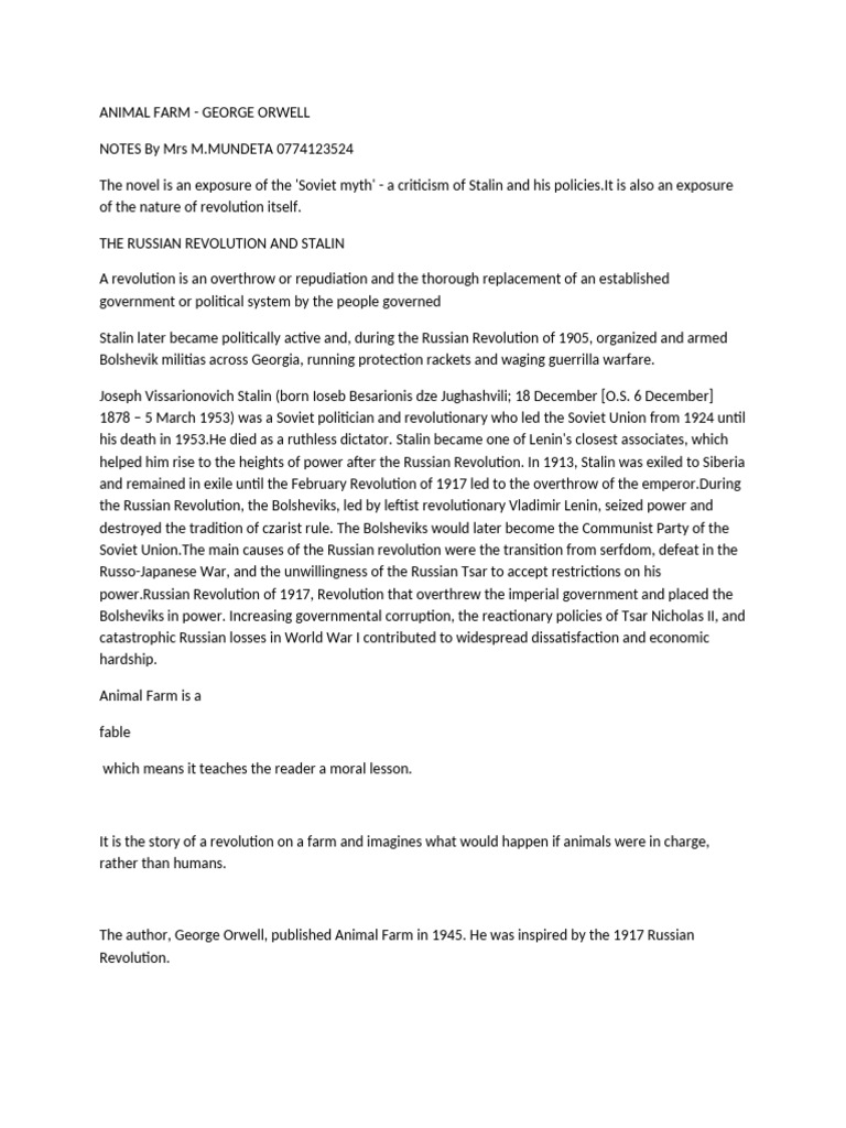 Animal Farm Notes 2024 - M Mundeta | PDF | Russian Revolution | Joseph ...