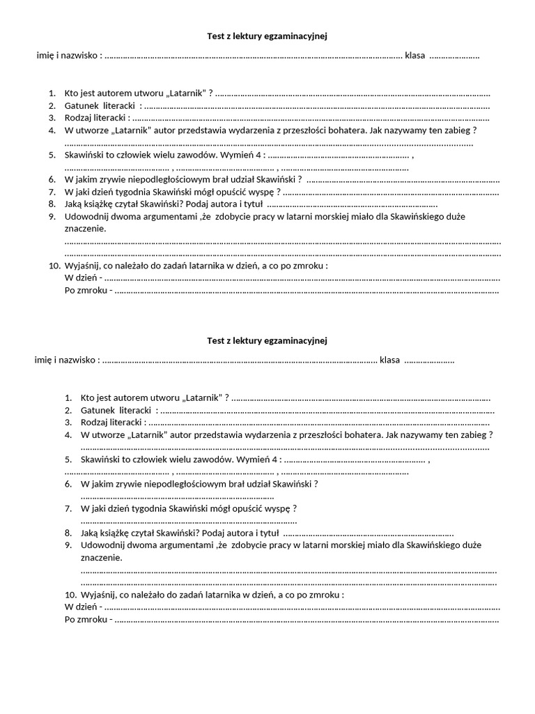 Test Wiedzy Z Lektury Latarnik Latarnik Test | PDF
