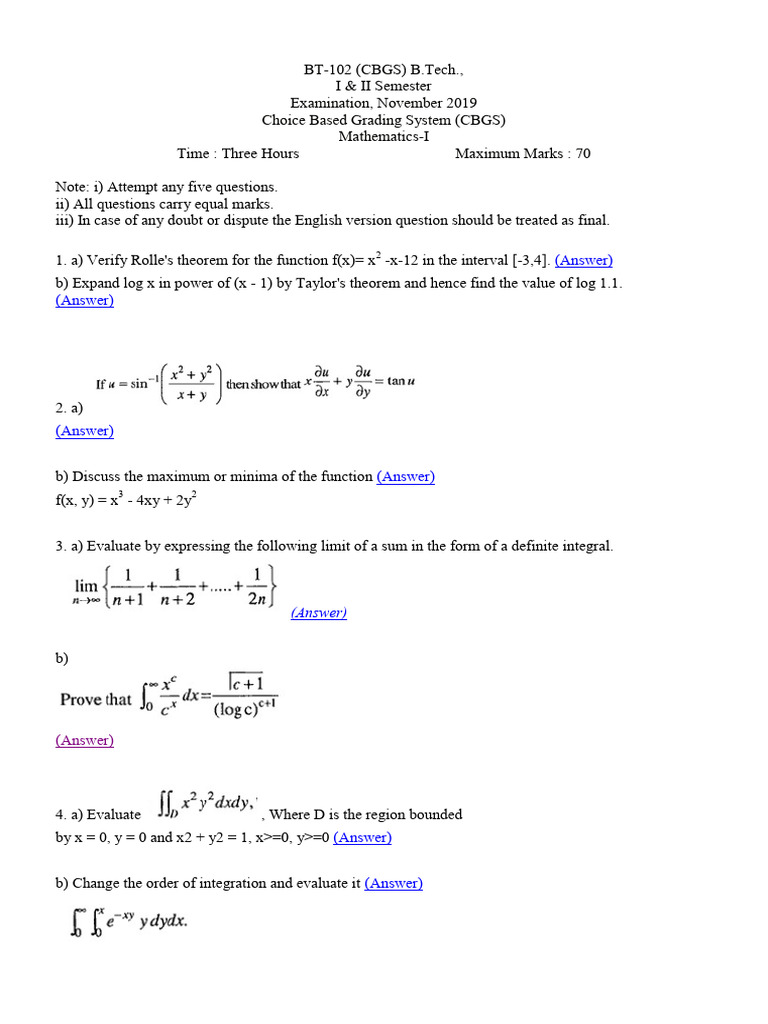 BT 102 Mathematics 1 Nov 2019 | PDF