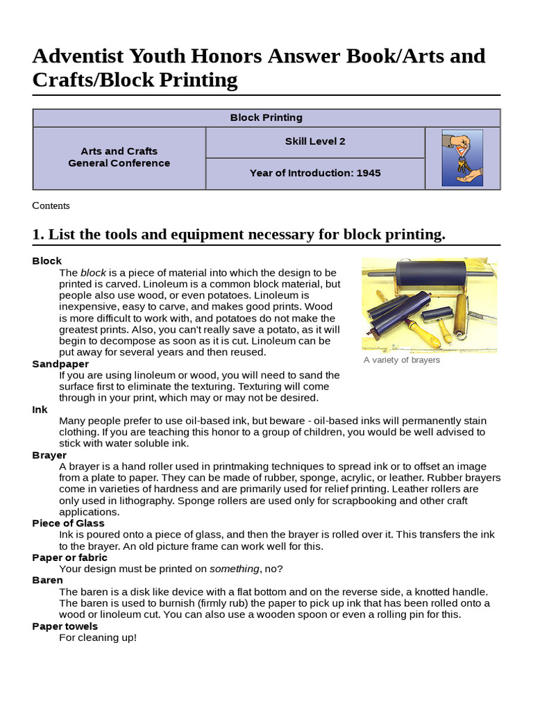 Adventist Youth Honors Answer Book Arts and Crafts Block Printing | PDF ...
