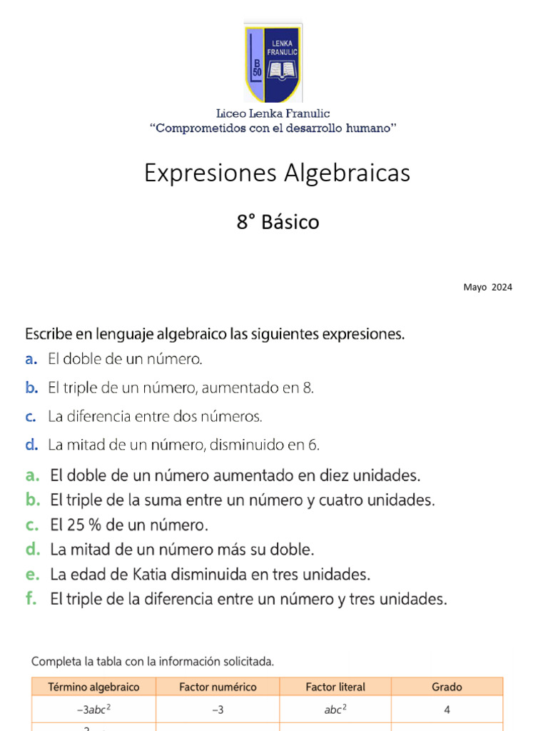 Guía de Expresiones Algebraicas 8° Básico | PDF