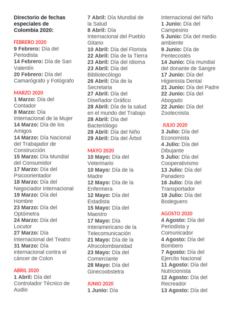 Fechas Especiales en Colombia 2020 | PDF