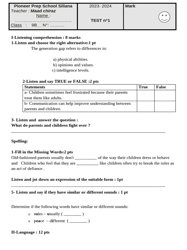 Mid Test 1 For 9th Graders Novembers 2022 | PDF | Adolescence | Psychology