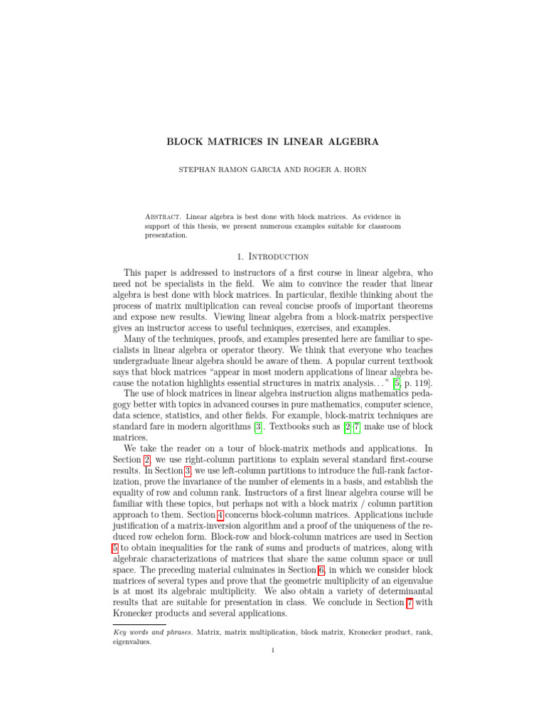 Block Matrices in Linear Algebra Teaching | PDF | Eigenvalues And  Eigenvectors | Matrix (Mathematics)