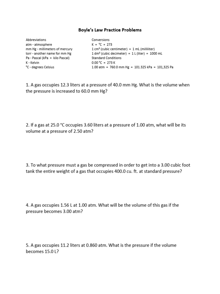 Boyle's Law Problem Set | PDF | Pressure | Gases