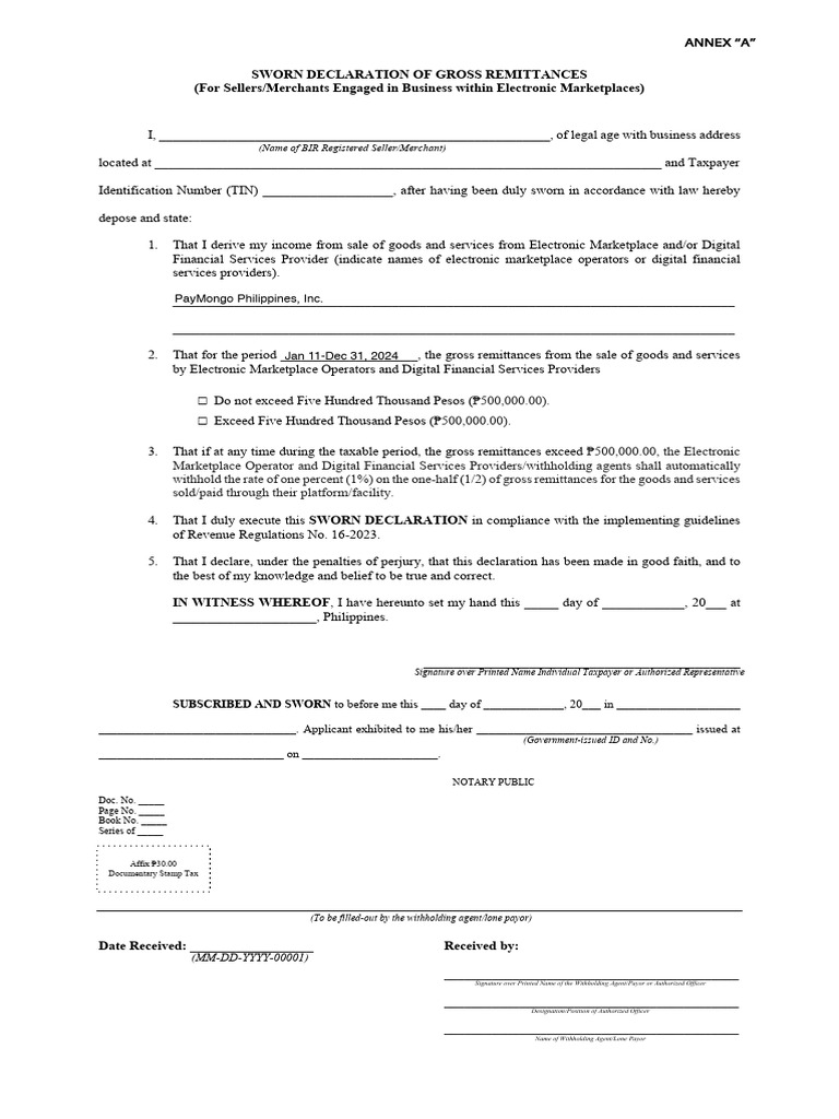 Sworn Declaration of Gross Remittances | PDF | Economies | Public Finance