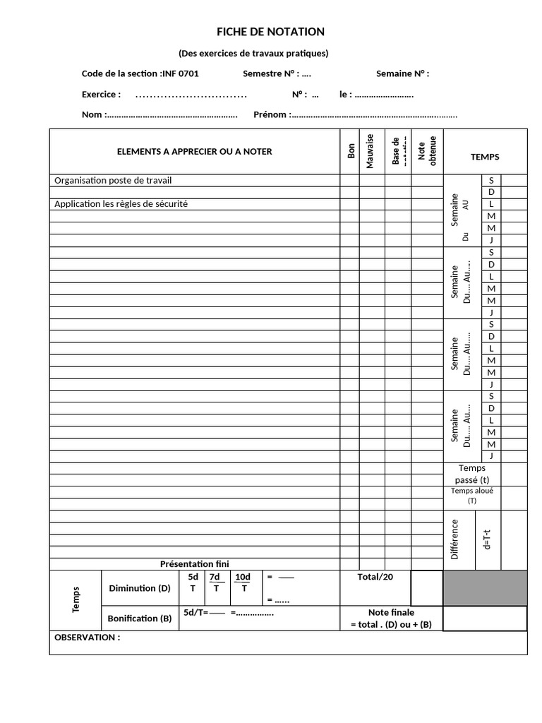 Fiche de Notation pour Travaux Pratiques | PDF