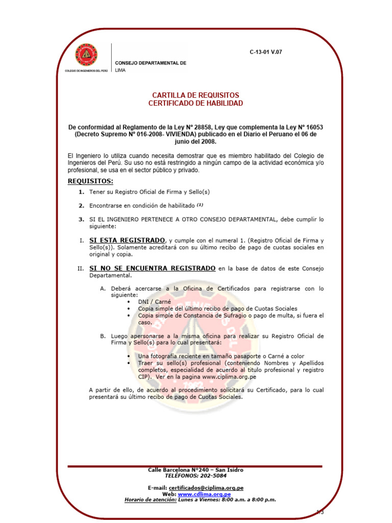 C 13 01 Cartilla de Requisitos Certificado de Habilidad V07 | PDF ...