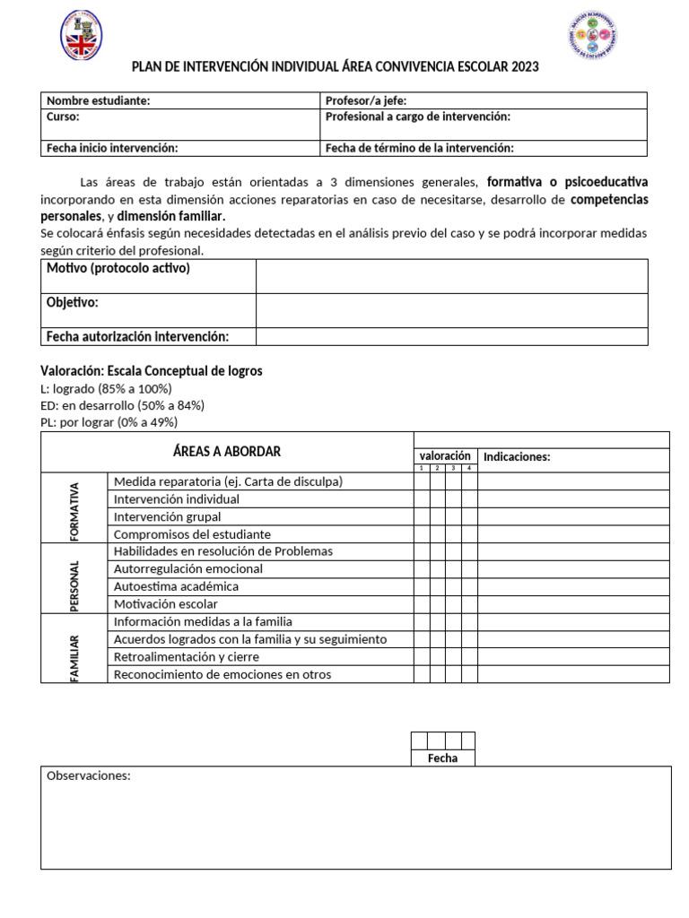Plan de Intervención Individual Área Psicologica Convivencia 2023 | PDF ...