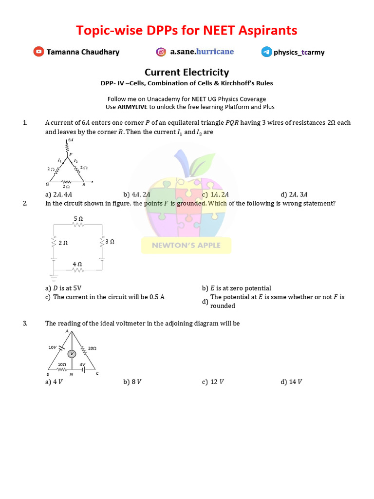 Current Electricity DPP for NEET Aspirants | PDF | Series And Parallel ...