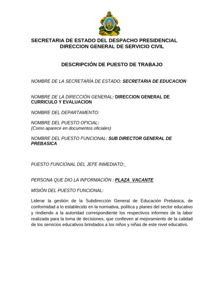 Descripción del Puesto: Subdirector Prebásica | PDF | Plan de estudios ...