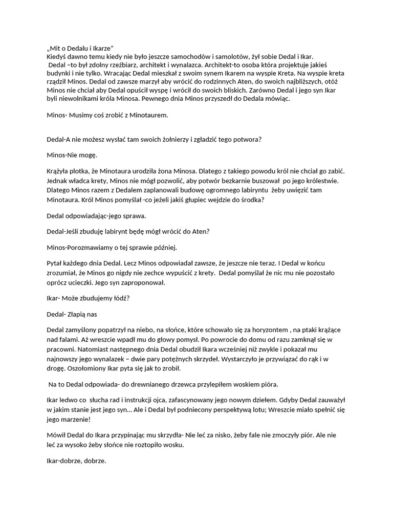 Opowiadanie O Dedalu I Ikarze Mit o Dedalu I Ikarze | PDF