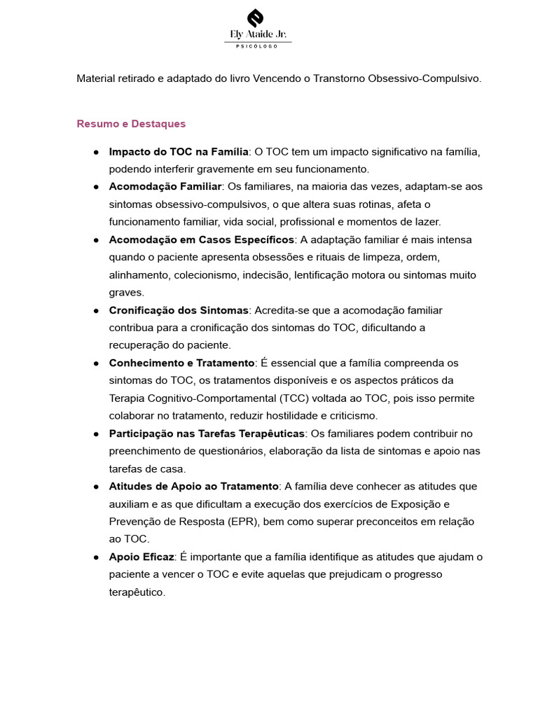 TOC: Impacto Familiar e Apoio Terapêutico | PDF | Transtorno obsessivo ...