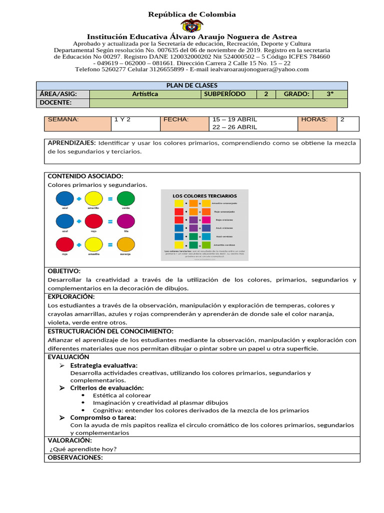 Plan de Clases Artistica | PDF | Color | Aprendizaje