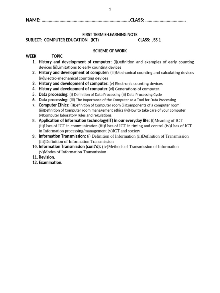 JSS1 ICT First Term Scheme of Work | PDF | Fax | Integrated Circuit