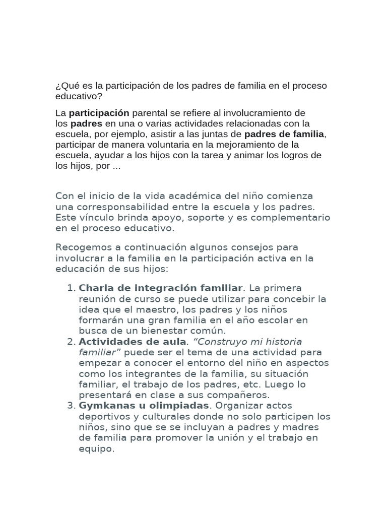 Qué Es La Participación de Los Padres de Familia en El Proceso ...