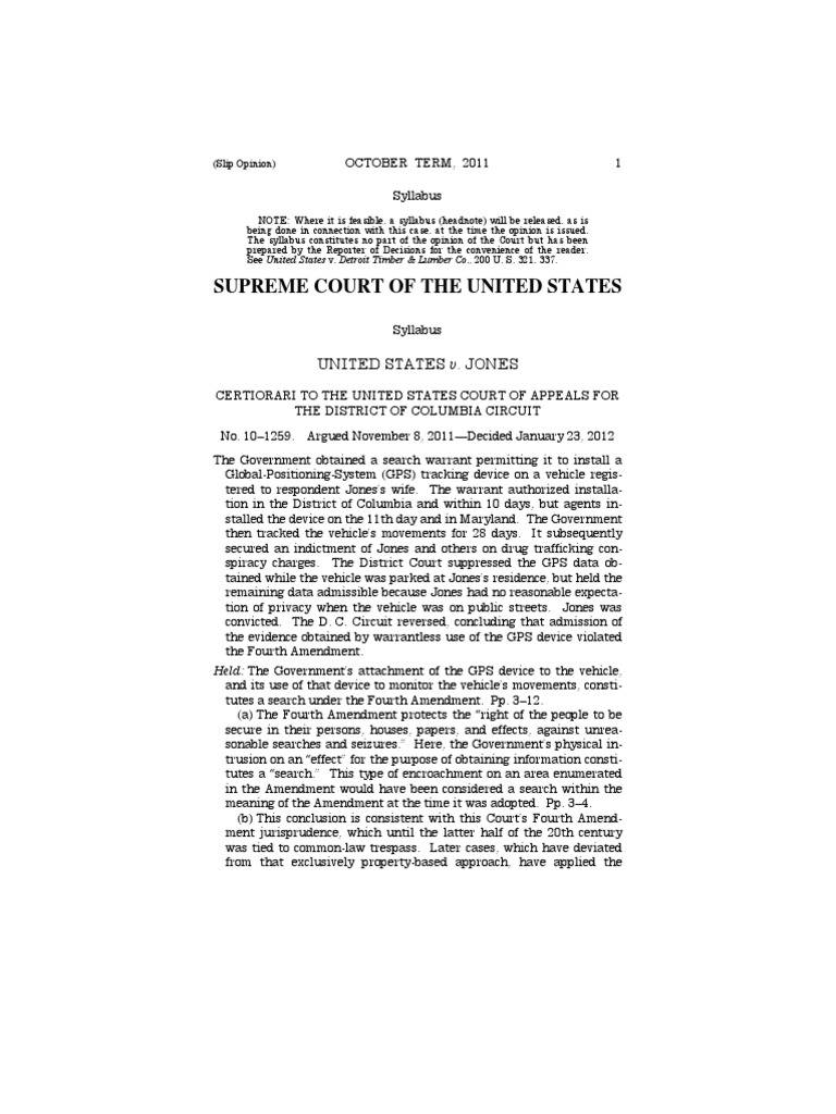 United States v. Jones PDF Fourth Amendment To The United States