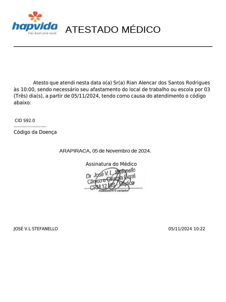 Atestado Médico para Afastamento de 3 Dias | PDF | Direito