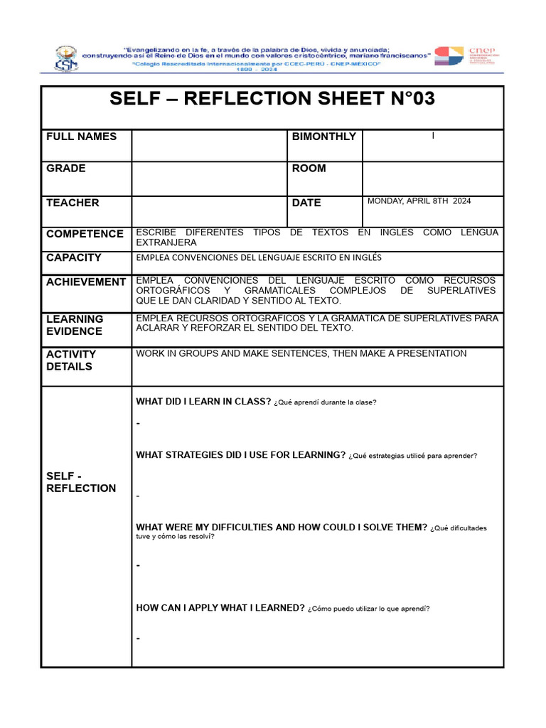 Self Reflection Sheet #3 - 4TH Grade - I Bimester | PDF