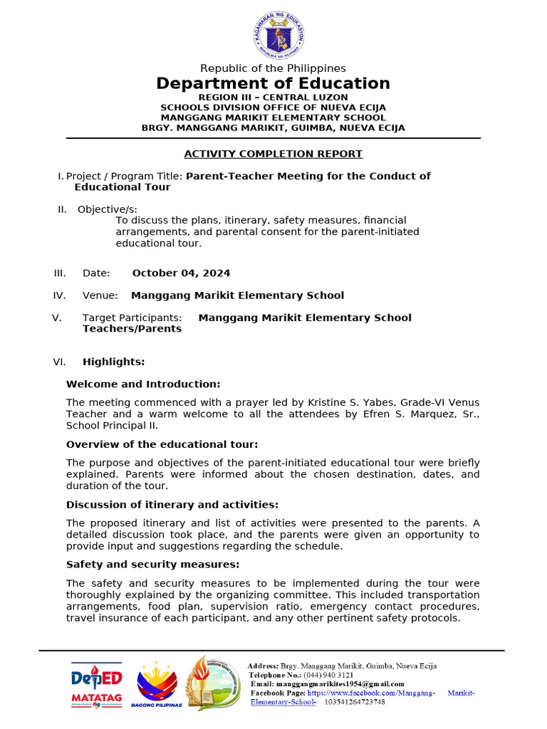 Parent-Teacher Meeting Report: Educational Tour | PDF