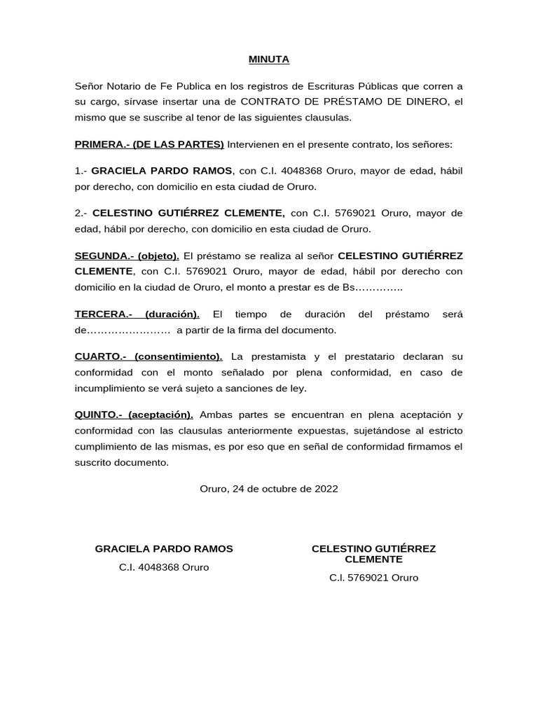 Contrato de Préstamo de Dinero Oruro | PDF | Finanzas y dinero