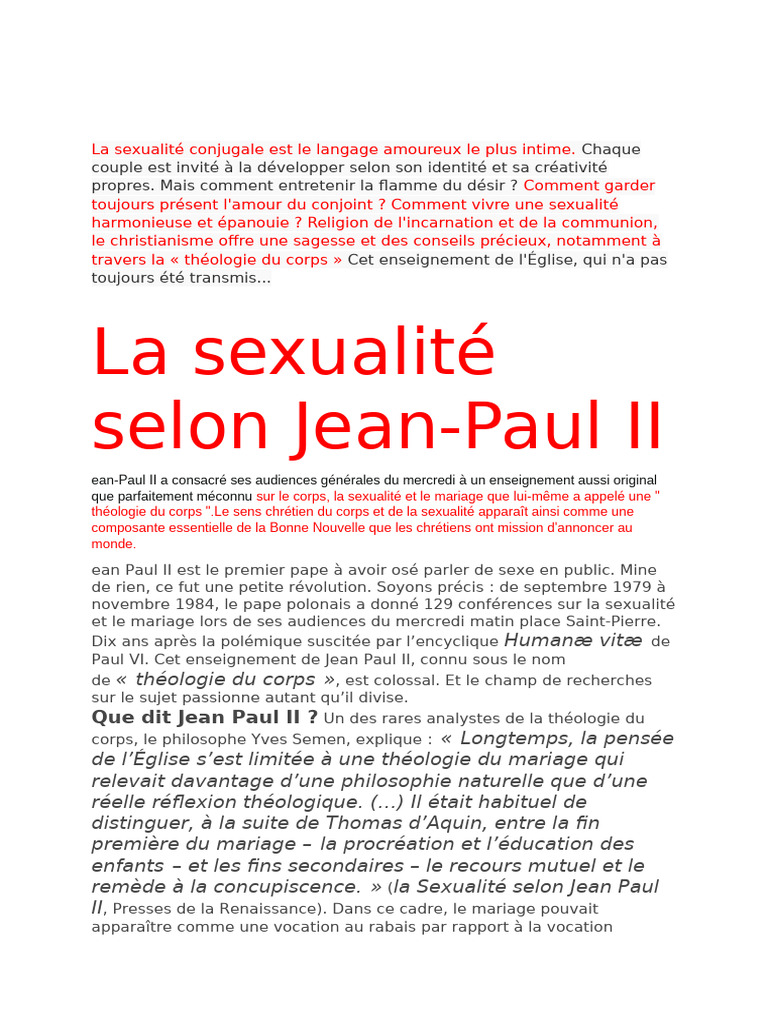 Sexualité et théologie du corps de JP II | PDF | Jean-Paul II | Amour
