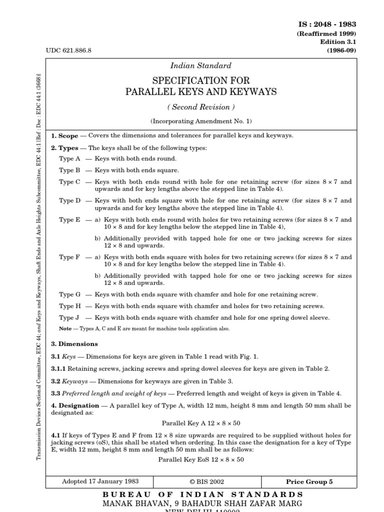 IS2048_SPECIFICATION FOR PARALLEL KEYS AND KEYWAYS Screw