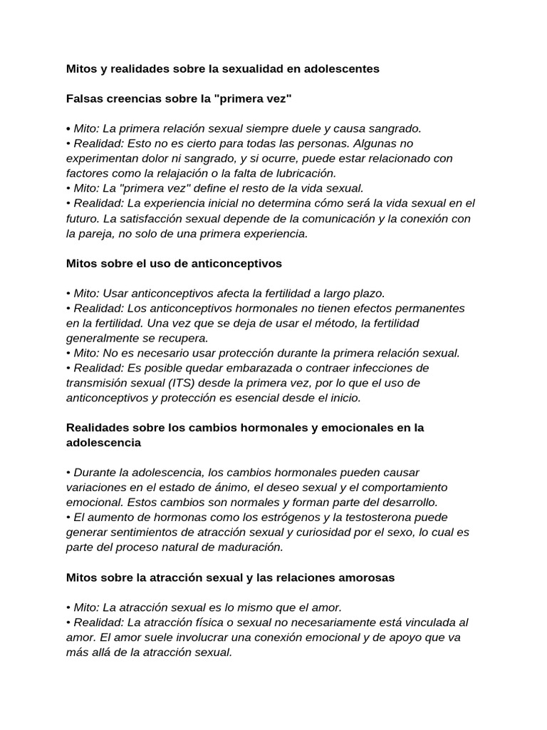 Mitos y realidades de la sexualidad adolescente | PDF | Control de la ...