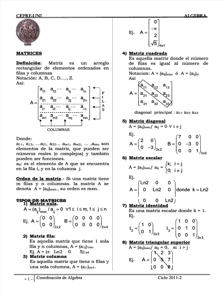 Tipos y Operaciones de Matrices en Álgebra | PDF | Matriz (Matemáticas ...
