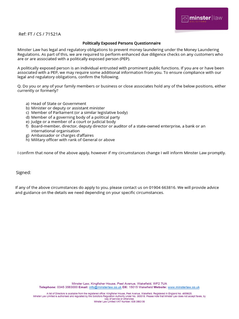 PEP Questionnaire Compliance at Minster Law | PDF | Finance & Money ...