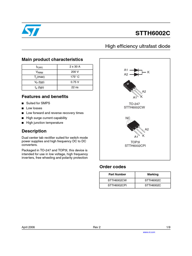 STTH6002C Ultrafast Diode Specifications | PDF | Diode | Electronic ...