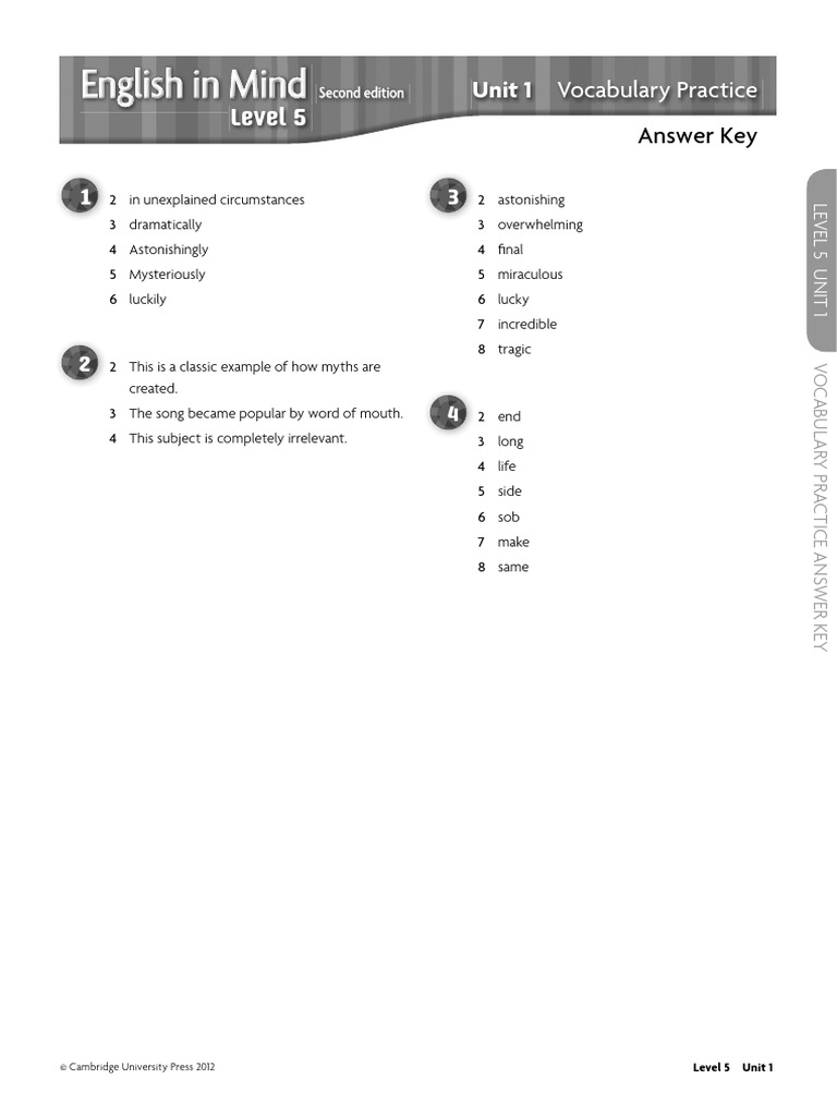 Level 5 Unit 1 Vocabulary Practice Key | PDF