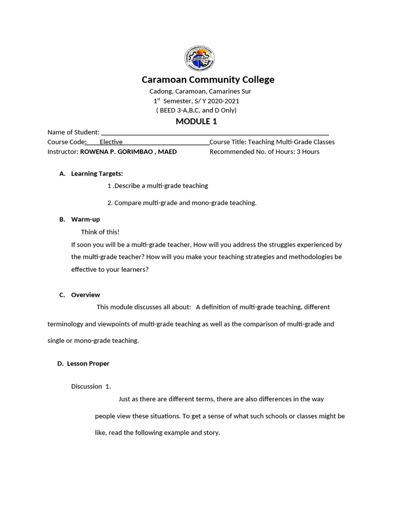 Module 1 Teaching Multi Grade Classes | PDF | Teachers | Schools