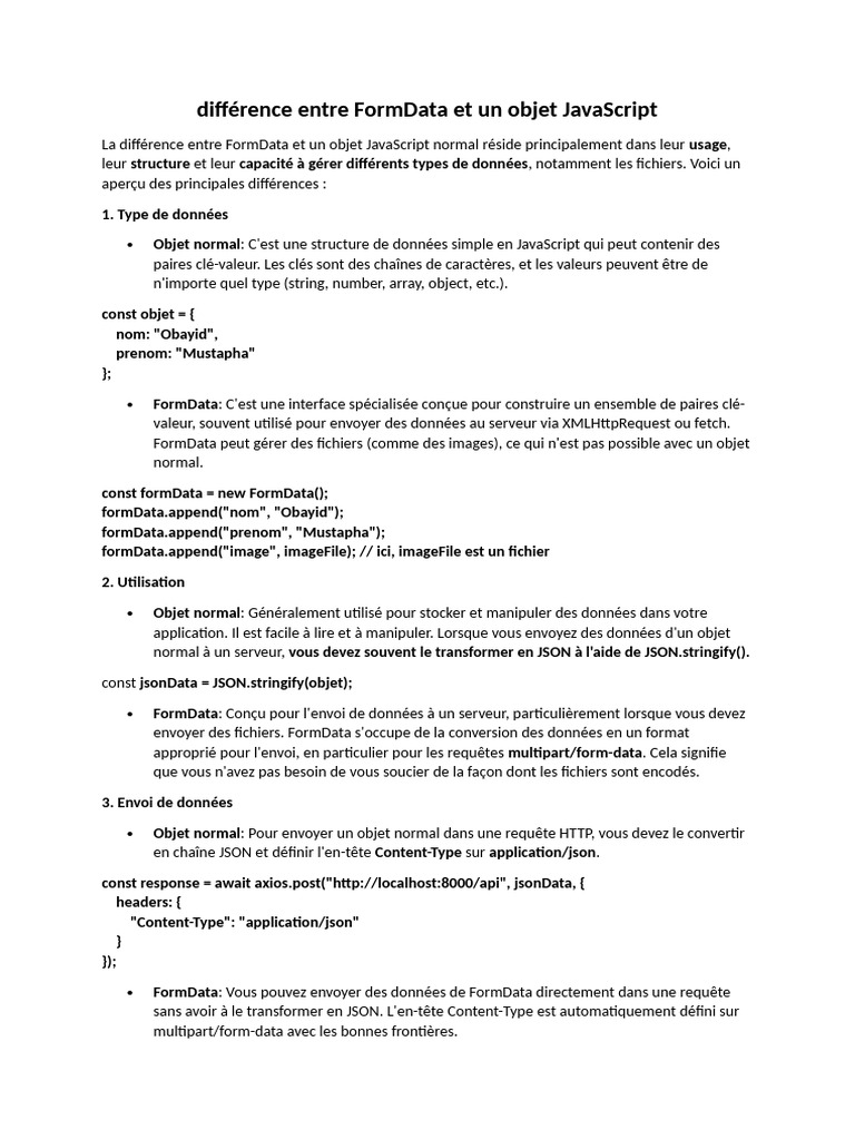 Différences entre FormData et Objet JS | PDF | JavaScript | JSON