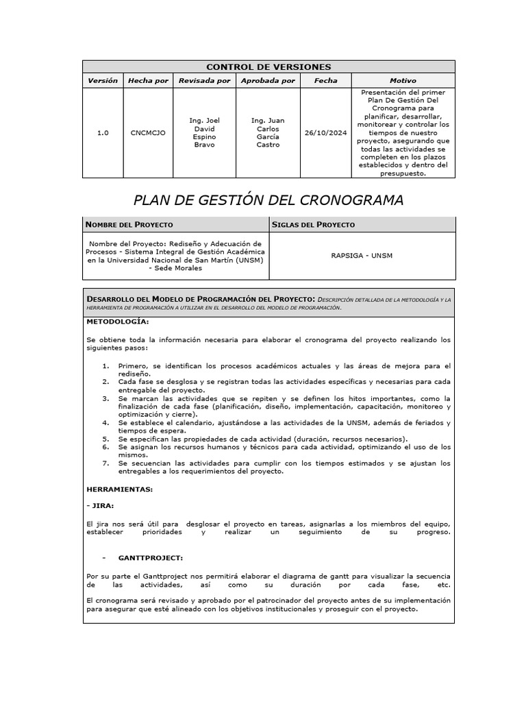 V1.0 Plan de Gestión Del Cronograma | PDF | Presupuesto | Software