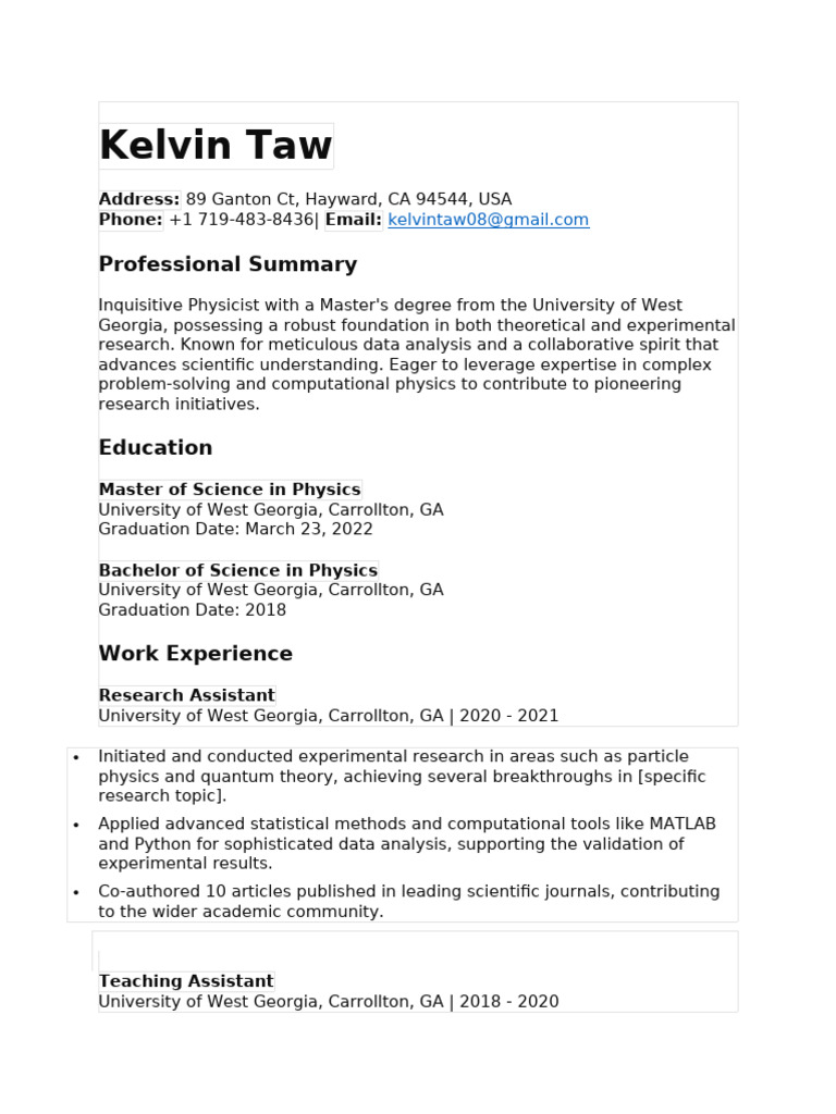 Kelvin Taw Physics CV | PDF | Physics | Science