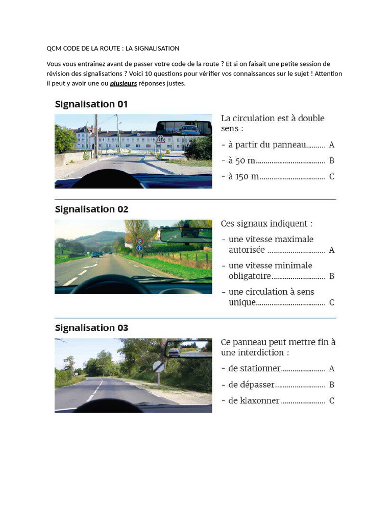 QCM Signalisation Code de la Route | PDF | Affaires | Ordinateurs