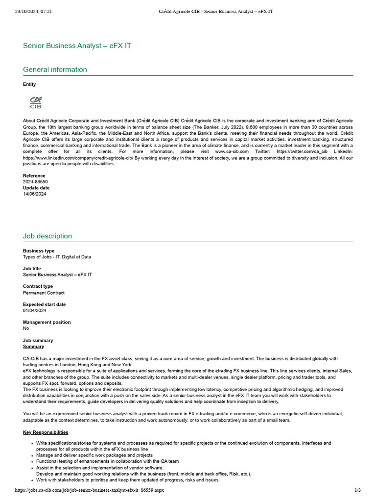 Crédit Agricole CIB - Senior Business Analyst - eFX IT | PDF | Investment Banking | Banks