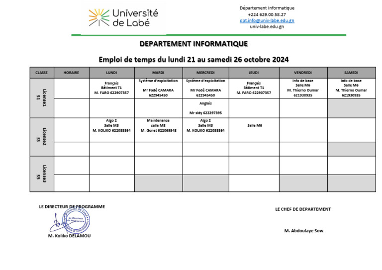 Emploi du temps Informatique Octobre 2024 | PDF | Informatique ...