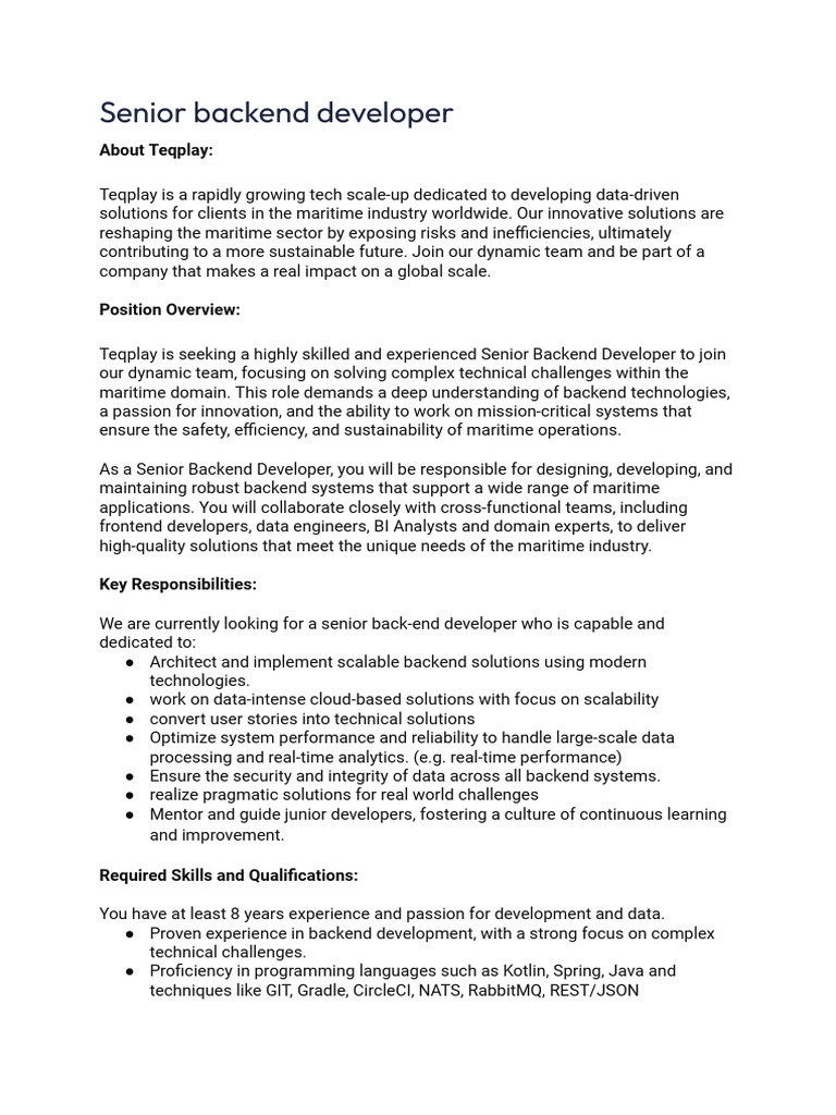Senior Backend Developer at Teqplay | PDF | Scalability | Cloud Computing