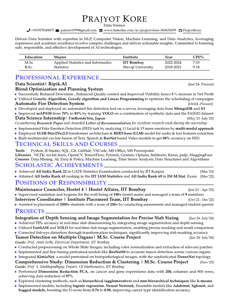 Data Scientist Profile: Prajyot Kore | PDF | Data Science | Machine ...