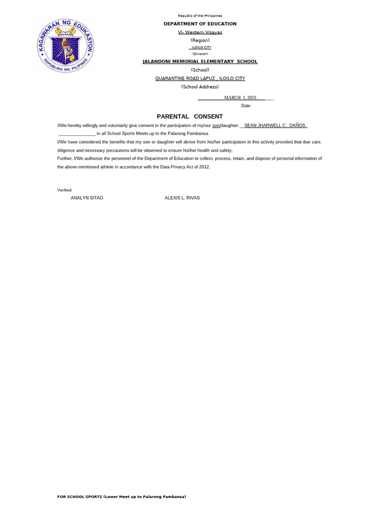 Parental Consent for School Sports Participation | PDF